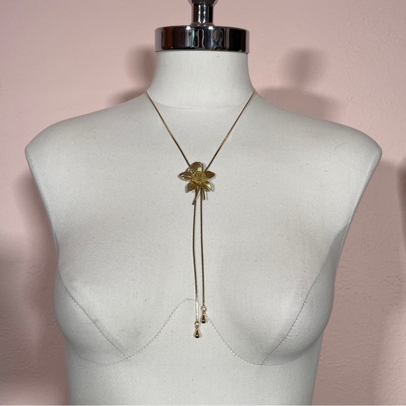 Vintage Floral Gold Tone Spring Deco Preppy Flower Adjustable Lariat Necklace - Picture 9 of 10